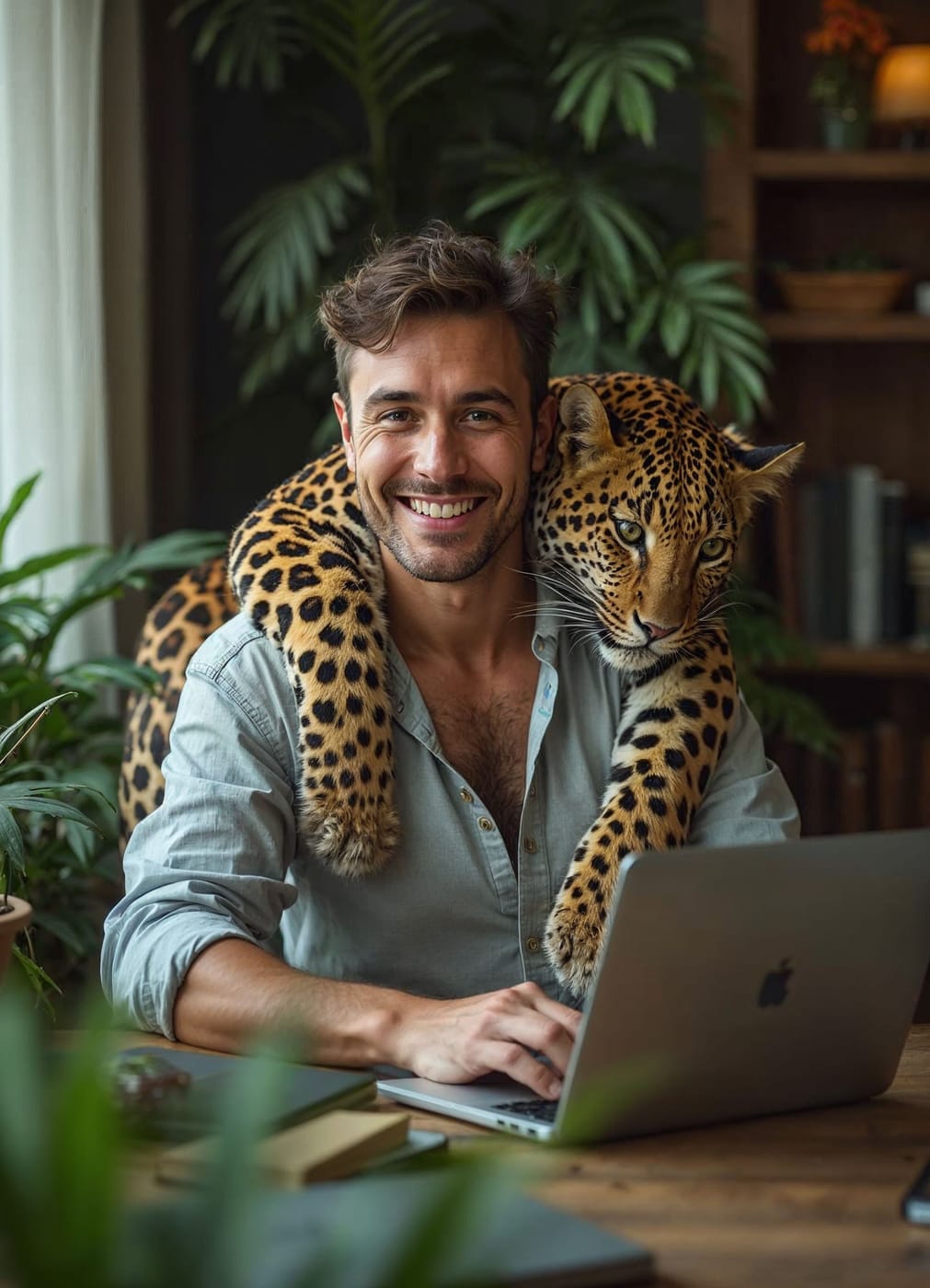 Un freelance souriant travaille sur ordinateur avec un léopard sur les épaules dans un bureau