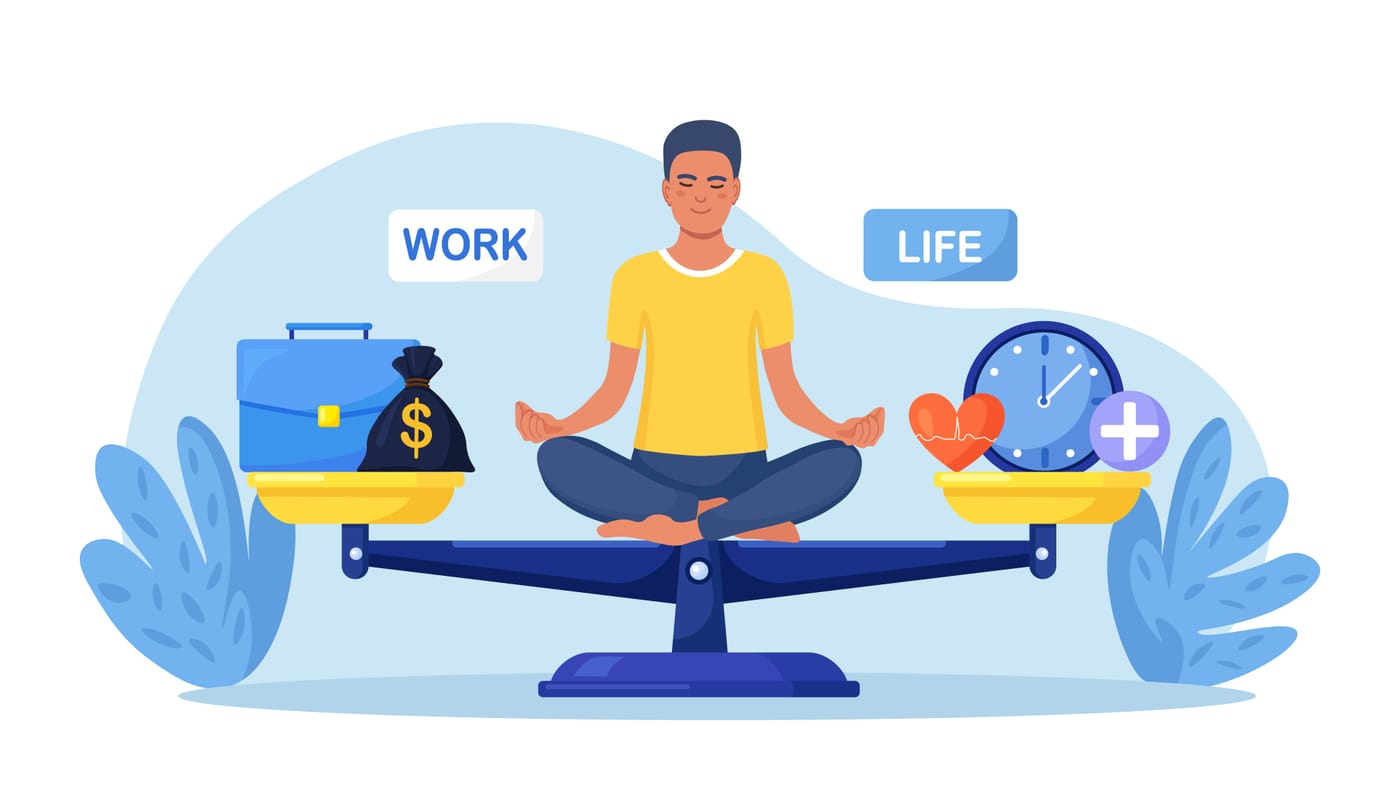 Homme méditant sur une balance en équilibre entre le travail (mallette, argent) et la vie (horloge, cœur)
