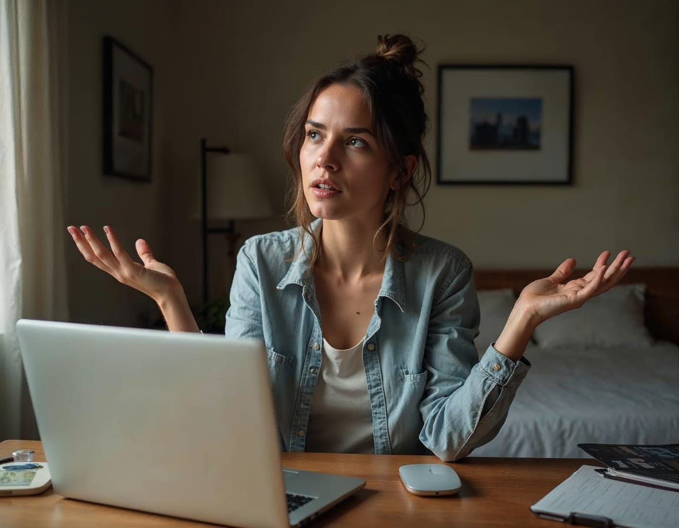 Jeune femme dubitative en télétravail chez elle, haussant les épaules devant son ordinateur portable