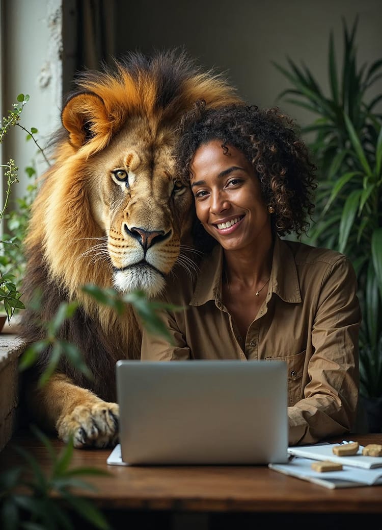 Une femme souriante et un lion côte à côte devant un ordinateur portable dans un espace de coworking