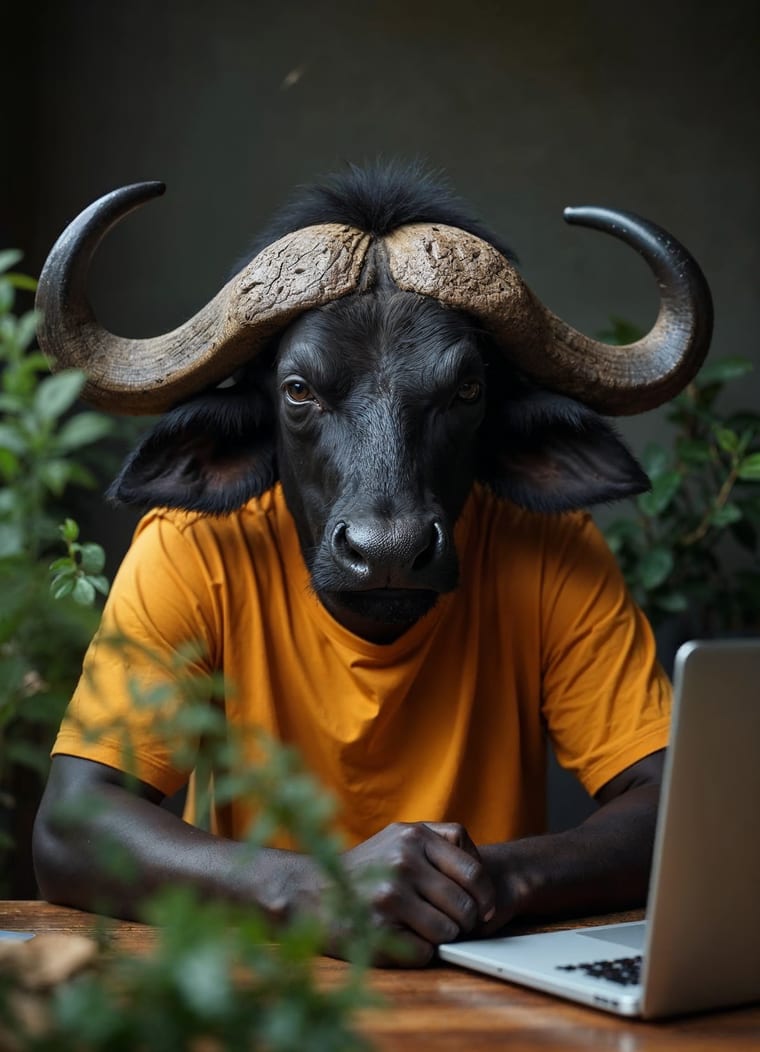 Le Buffle de BigFive : tête de buffle en coworker, au bureau parmi les plantes