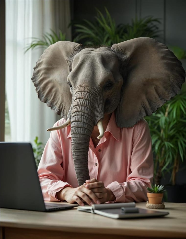 L'Éléphant de BigFive : tête d'éléphant en coworker, au bureau parmi les plantes
