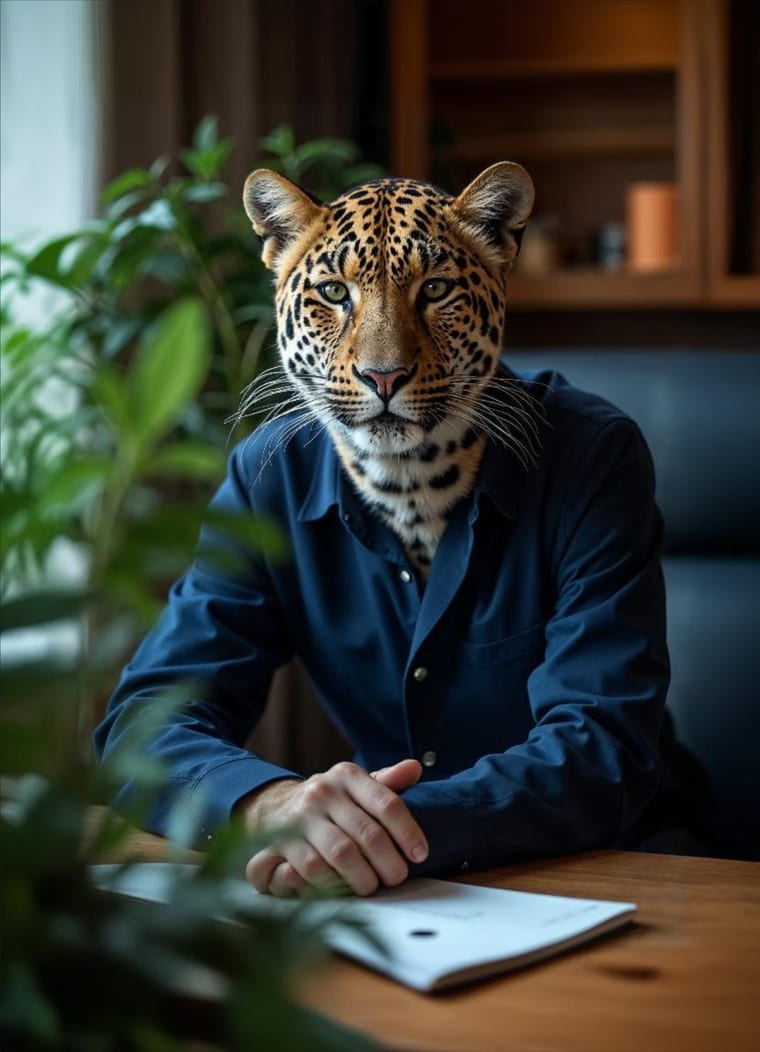 Le Léopard de BigFive : tête de léopard en coworker, au bureau parmi les plantes