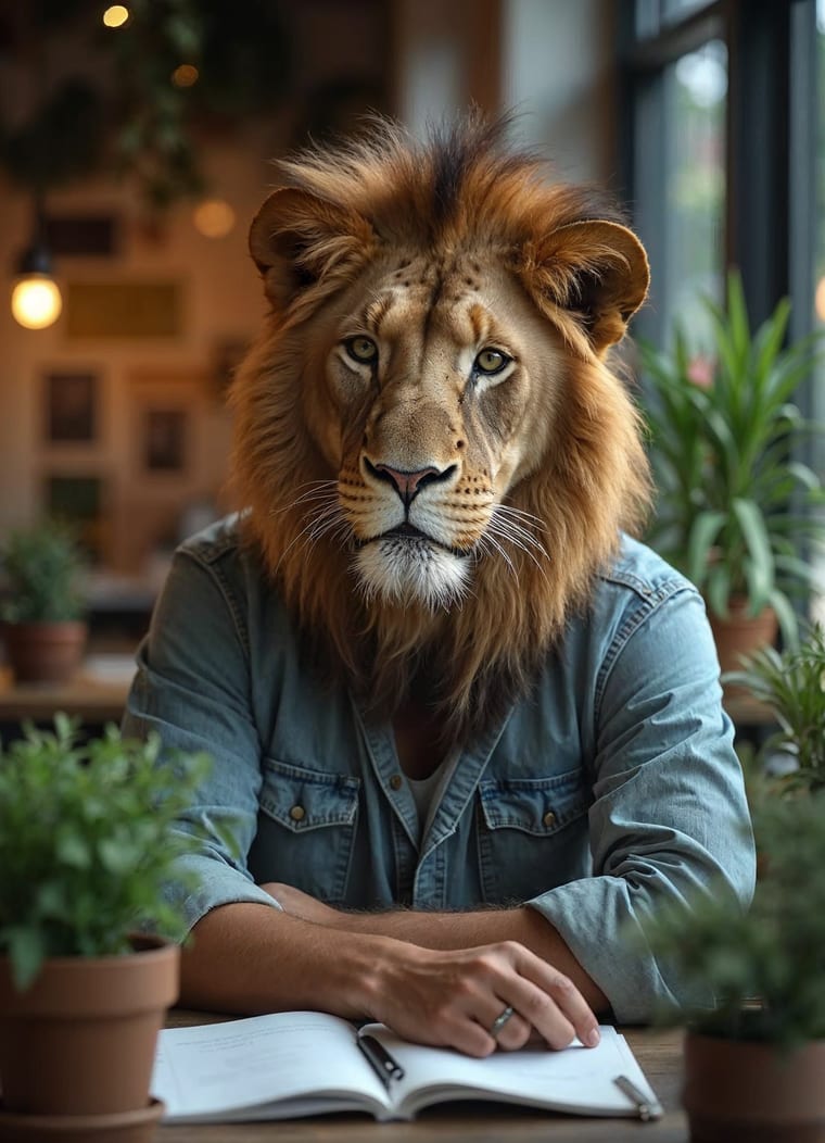 Le Lion de BigFive : tête de lion en chemise, au bureau parmi les plantes