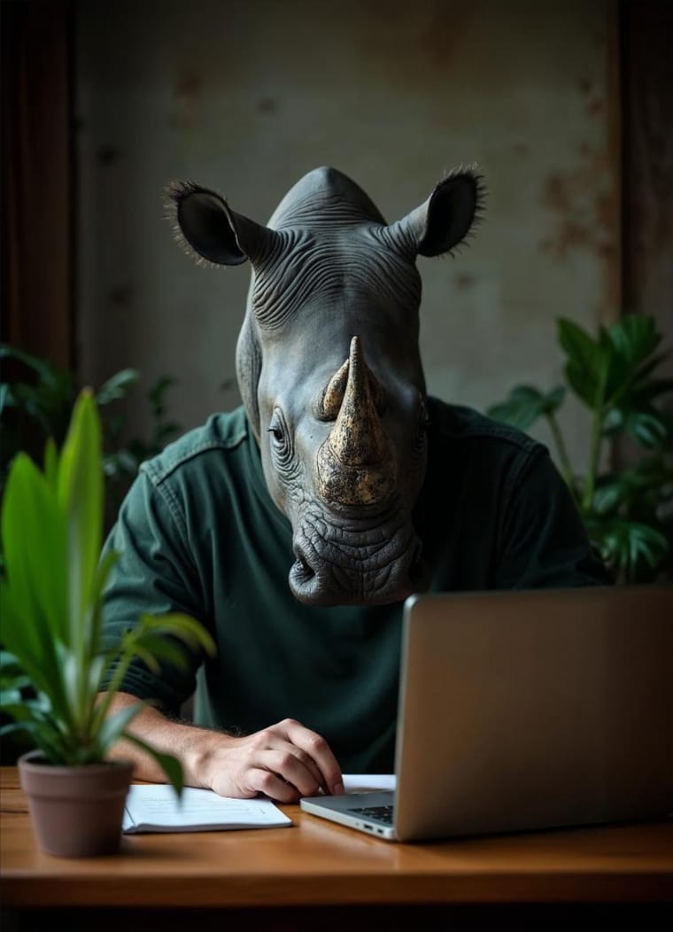 Le Rhinocéros de BigFive : tête de rhinocéros en coworker, au bureau parmi les plantes